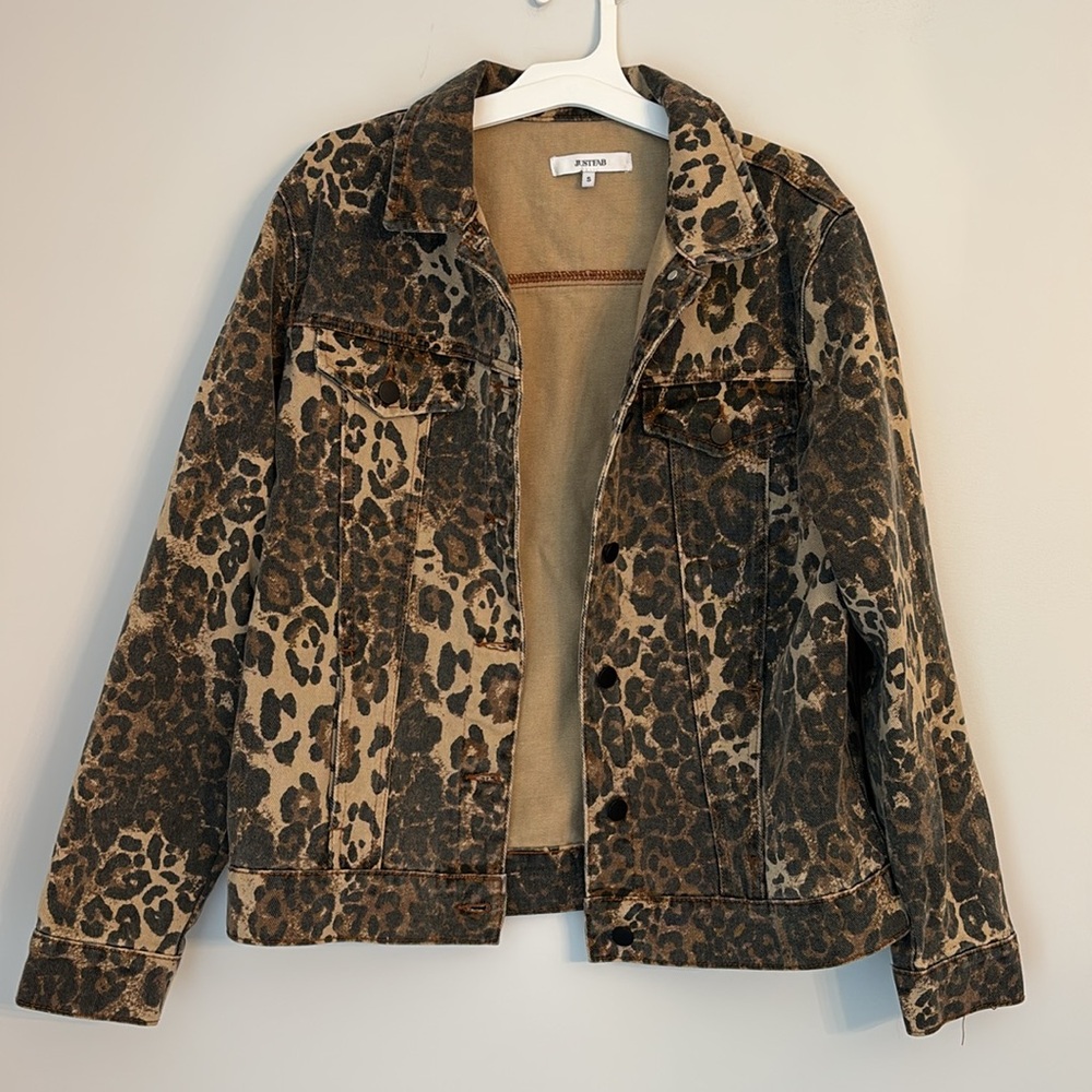 JustFab Leopard Print Jean Jacket - Brown & Black